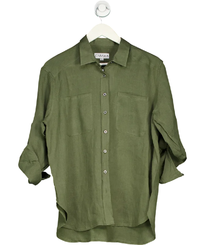 Women's Estonian Wool SweatersCAMIXA Luna Olive Green Oversized Linen Shirt With Pockets UK XS/S