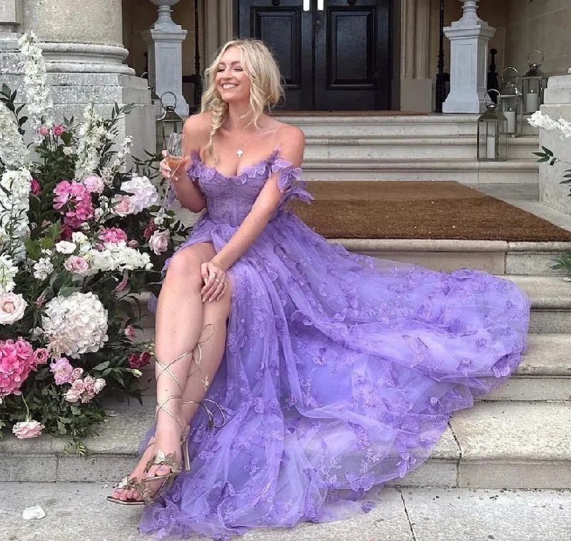 Women's Ruffled DressesA Line Purple Formal Party Dresses Lace Off The Shoulder Slit Women Evening Prom Dress Bride Wedding Occasion Gowns