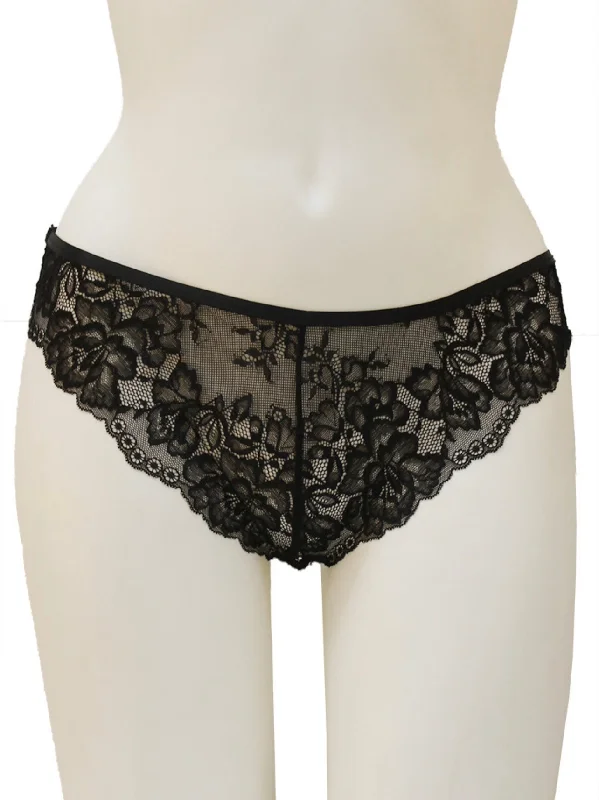 stretchable satin panties with a sheer lace waistbandCrotchless Floral Lace Hipster