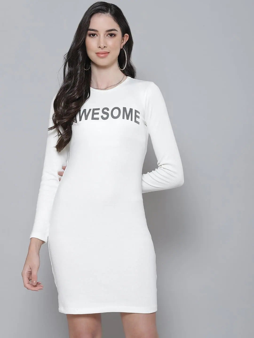 Women's Boat-Neck DressesWhite Rib AWESOME Short Bodycon Dress