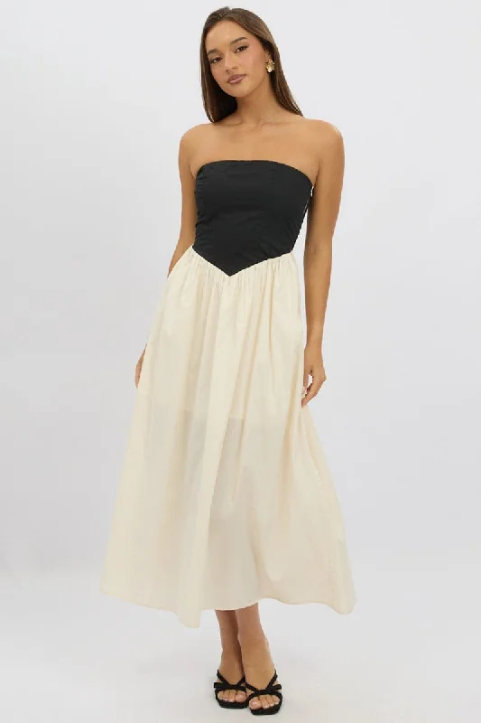 Women's Rounded Collar DressesBeige Strapless Maxi Dress Colour Block