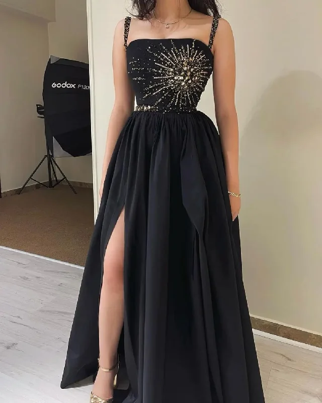 Women's U-Shaped-Neck DressesA-line Black Satin Prom Formal Dress With Pockets High Side Slit Party Gowns Long Beading Sleeveless Evening Dress