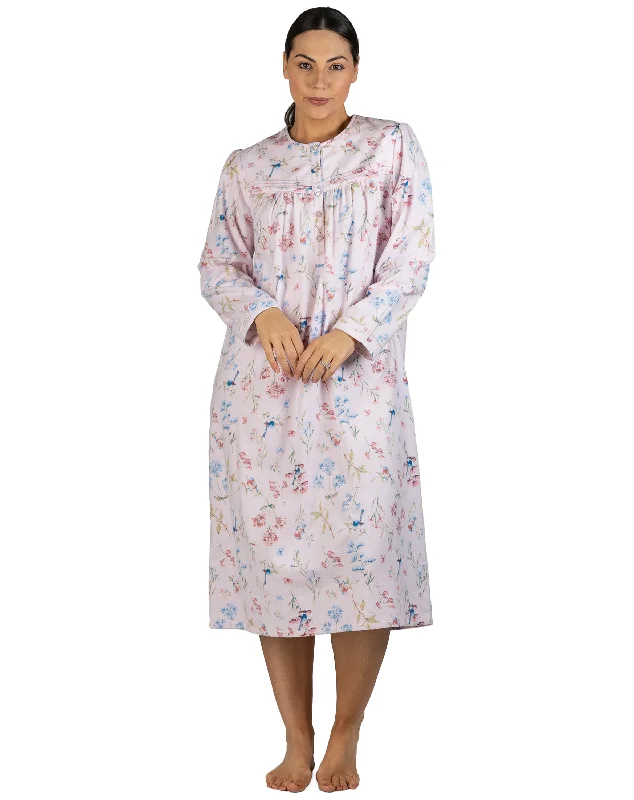 women's pajamas featuring floral embroiderySchrank Mid Length Cotton Flannelette Nightie in Pink SK614B