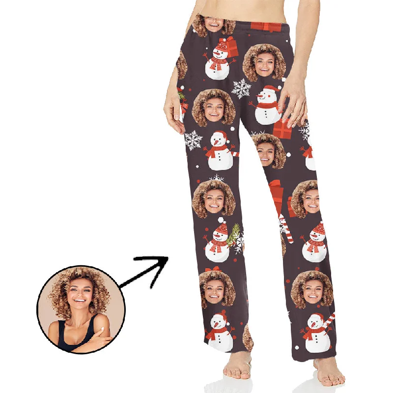 women's pajamas with pockets on the chestCustom Photo Pajamas Pants For Women Snowman And Gift