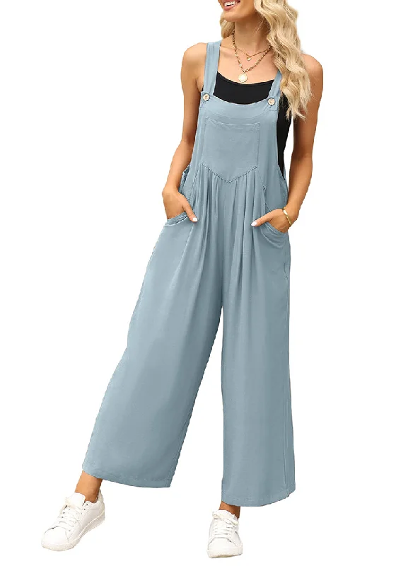 Women's Jumpsuits with Keyhole CollarLake Blue Women's Vintage Summer Outfits Loose Wide Leg Overalls