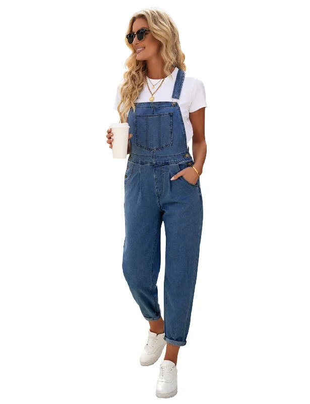 Women's Jumpsuits with Keyhole CollarBlue Cuffed Denim Bib Jeans Overalls