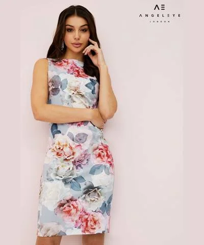 Women's Short-Sleeve DressesBlue Floral Bodycon Dress