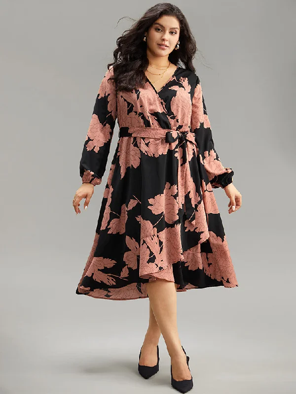 Women's Notched Collar DressesFloral Print Belted Wrap Hem Midi Dress