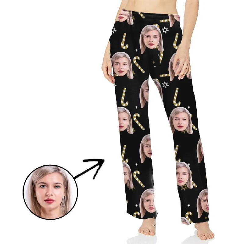 women's pajamas for movie nightsCustom Photo Pajamas Pants For Women Candy Cane With My Loved One's Face