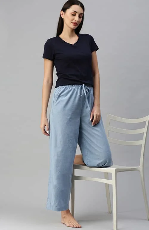 women's pajamas with cozy footiesThe True Sky Blue Solid Women Wide Leg