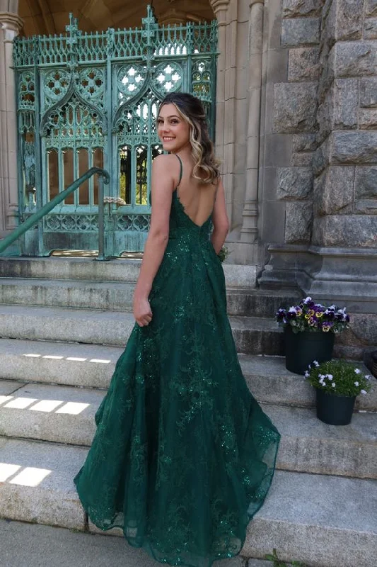 Women's Lapel Collar DressesSparkly Emerald Green Lace Applique Prom Dresses Spaghetti Straps Tulle Glitter Plus Size Party Dress Formal Evening Gown