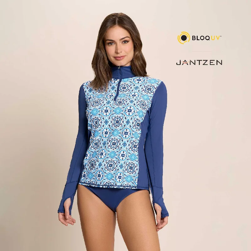 MOROCCAN TILES RELAXED MOCK NECK ZIP TOP