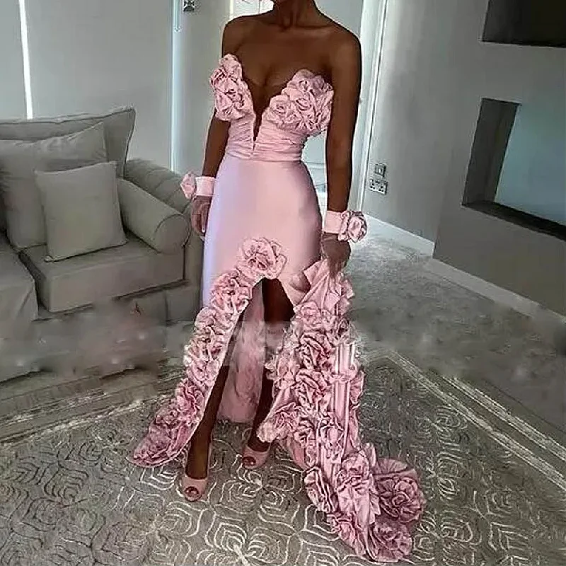 Women's High-Low DressesBaby Pink Mermaid Prom Dresses With Handmade Flowers High Slit Evening Party Dress Sexy Wedding Reception Dress Without Gloves