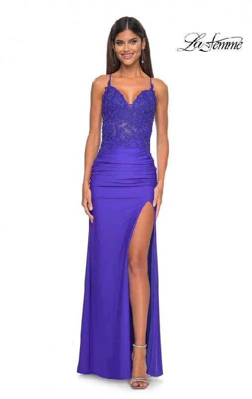 Women's Jumpsuits with Full LengthLa Femme Lace Jersey with Slit | Royal Blue