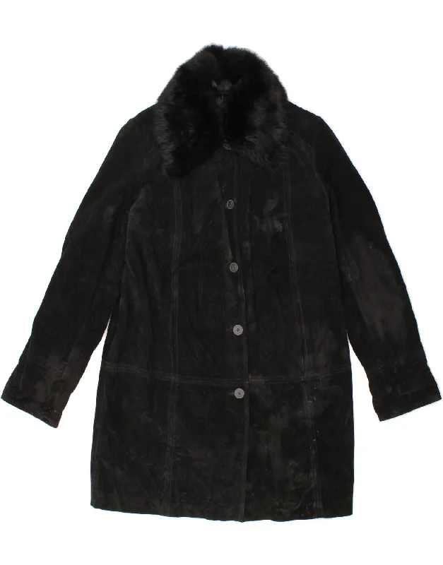 Women's Coats with Fur Trimmed CollarZARRO Womens Suede Overcoat IT 44 Medium Black Leather