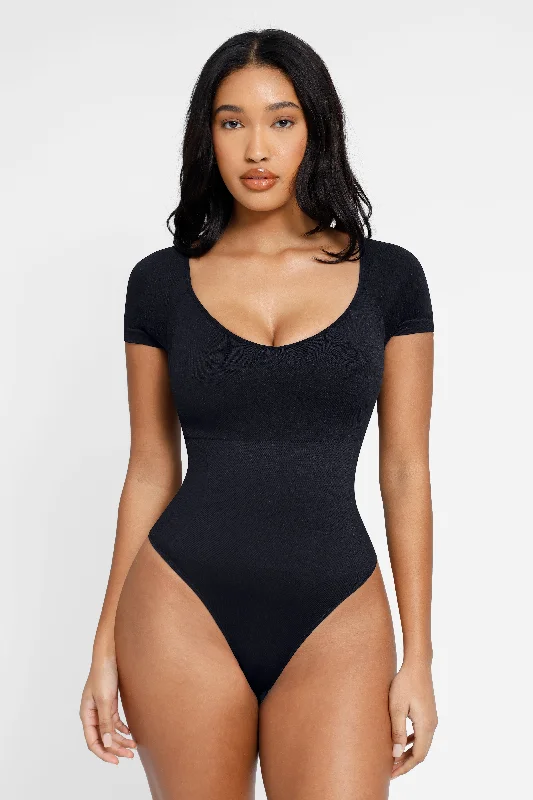 body shaper with lace trim for a touch of luxuryShort Sleeve Ultra Shaping Push-Up Bodysuit - Black