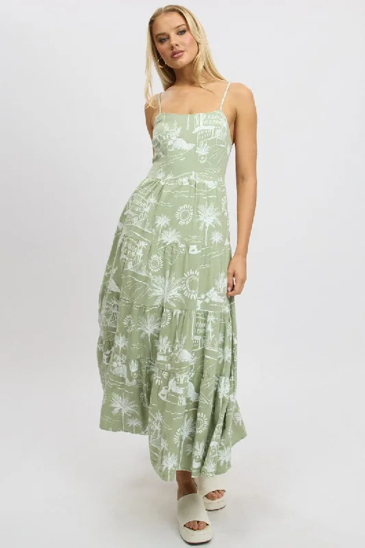 Women's Boat-Neck DressesGreen Abstract Maxi Dress Tiered Strappy