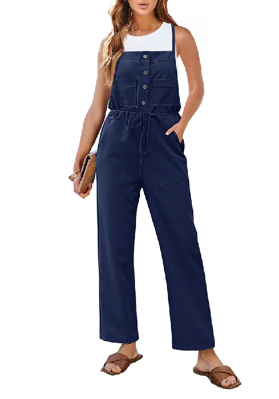 Women's Jumpsuits with CollarNavy Blue Women's Button Down Pocket Straight Leg Vintage Casual Overalls