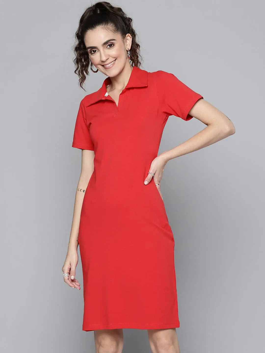 Women's Keyhole Collar DressesWomen Red Polo Neck Bodycon Dress