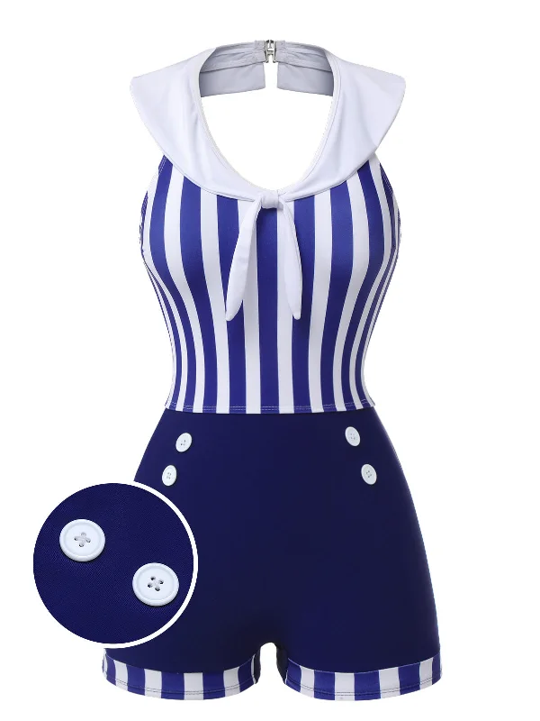 Navy Blue 1950s Striped Navy Collar Swimsuit