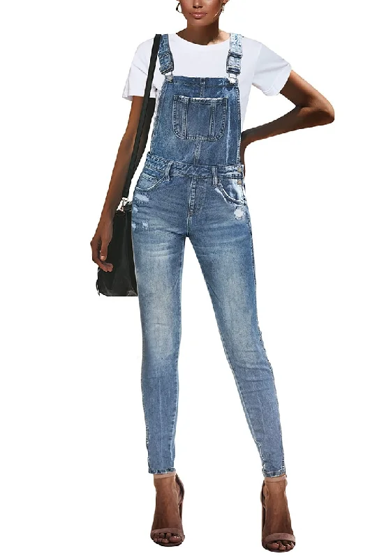 Women's Jumpsuits with Square NeckLight Blue Ripped Denim Skinny Jeans Bib Overall