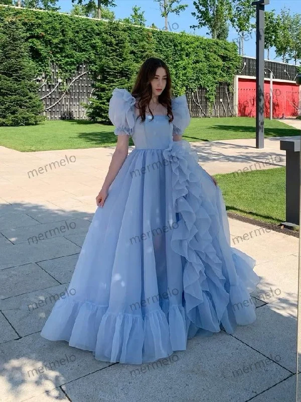 Women's Wrap DressesBlue Prom Dresses Short Puff Sleeves Ruffles Prom Party Gowns Princess Formal Dresses