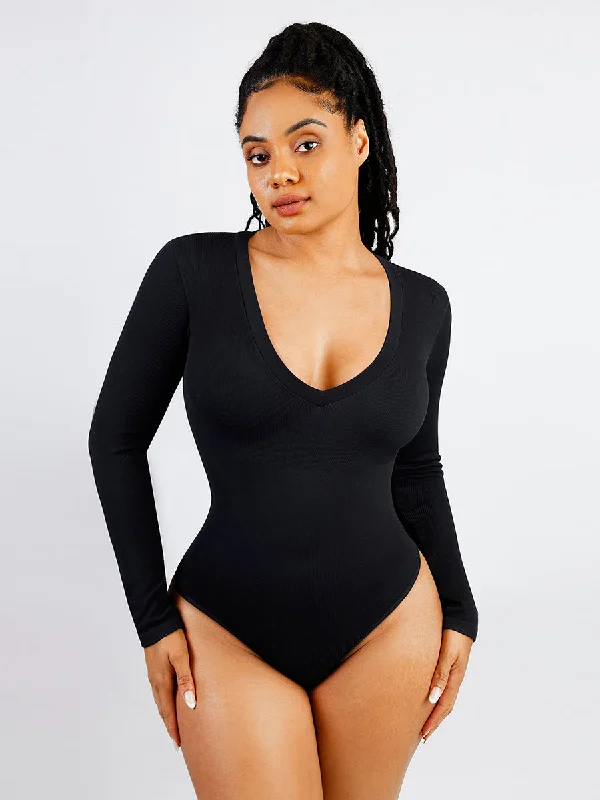 plus-size body suit for smoothingLong Sleeve Ribbed V Neck Bodysuit - Black