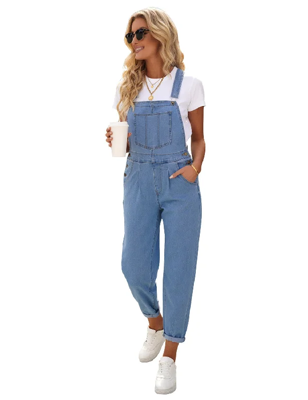 Women's Jumpsuits with Notched CollarLight Blue Cuffed Denim Bib Jeans Overalls