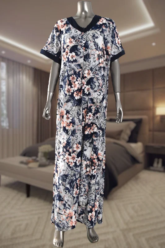 women's pajamas for a night of deep sleepLadies Souk Zip Gown White & Navy Floral Print