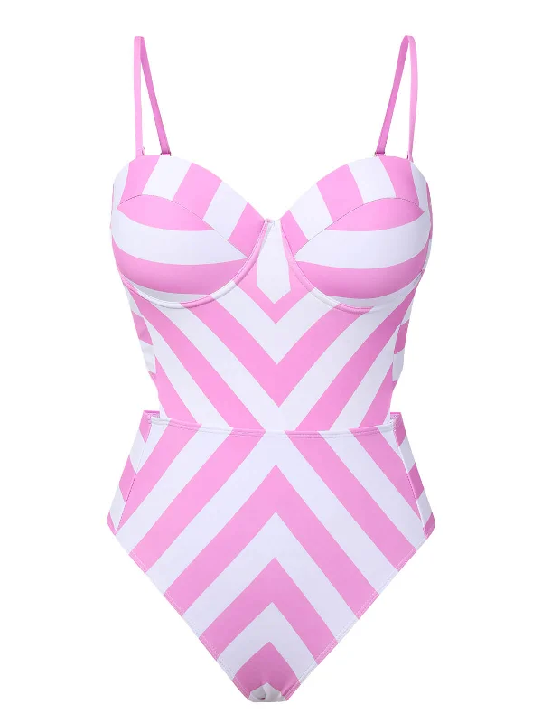 Pink 1940s Striped Bandeau One-Piece Swimsuit