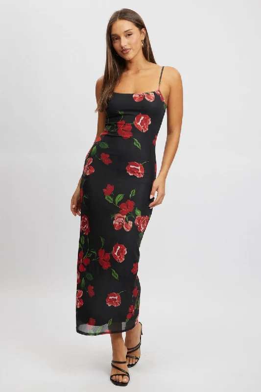 Women's Sweetheart-Neck DressesBlack Floral Bodycon Dress Maxi Mesh