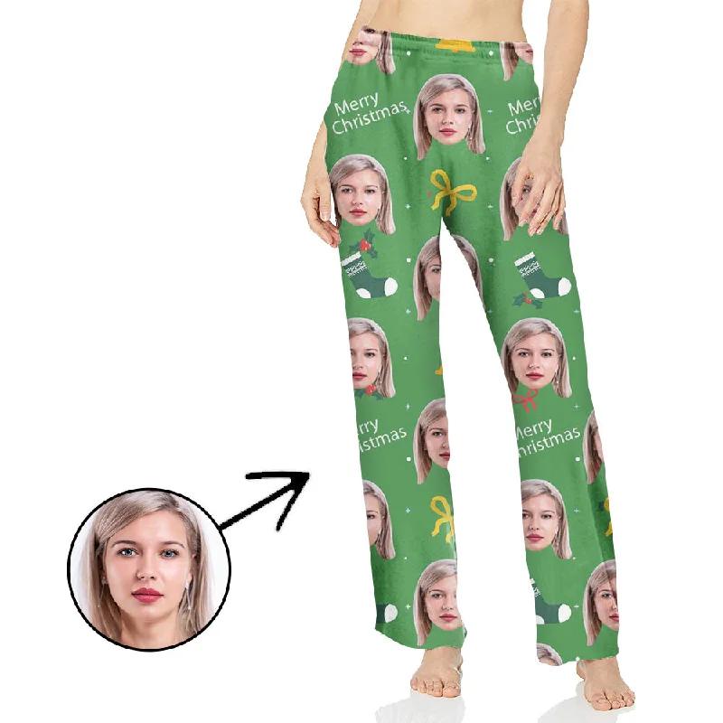 women's pajamas with pocketsCustom Photo Pajamas Pants For Women Lovely Bell And Merry Christmas