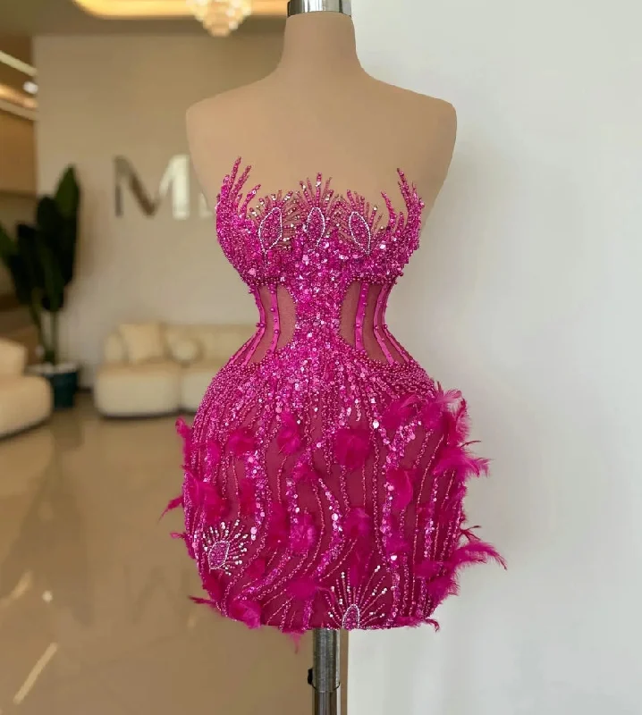 Women's Collarless DressesHot Pink Short Cocktail Dresses with Feathers Beaded Sexy Cut Out Sheer Sparkle Sequins Mini Dinner Dance Party Gowns