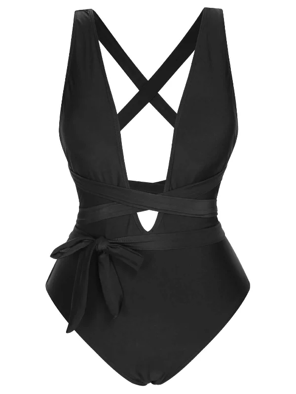 Black 1960s Solid Deep V-Neck Bandage Swimsuit