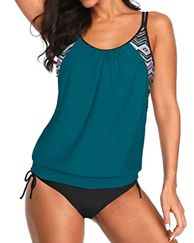 Women's Athletic Two Piece Bathing Suits 2 Piece Blouson Tankini-Teal