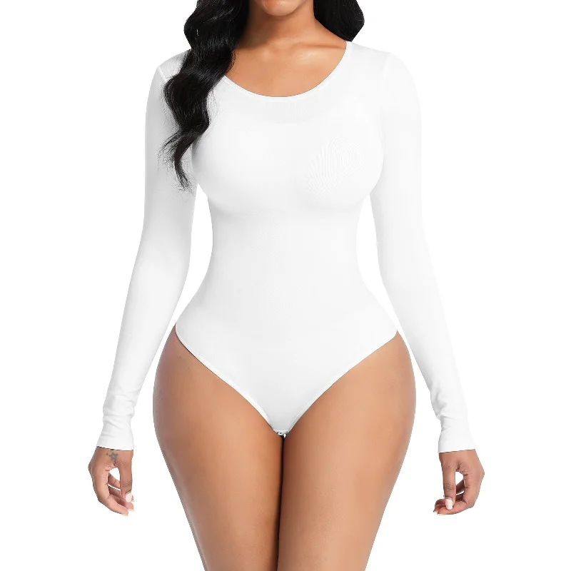 full-body suit with built-in bra for supportEssential Seamless Long Sleeve Shaping Bodysuit - White