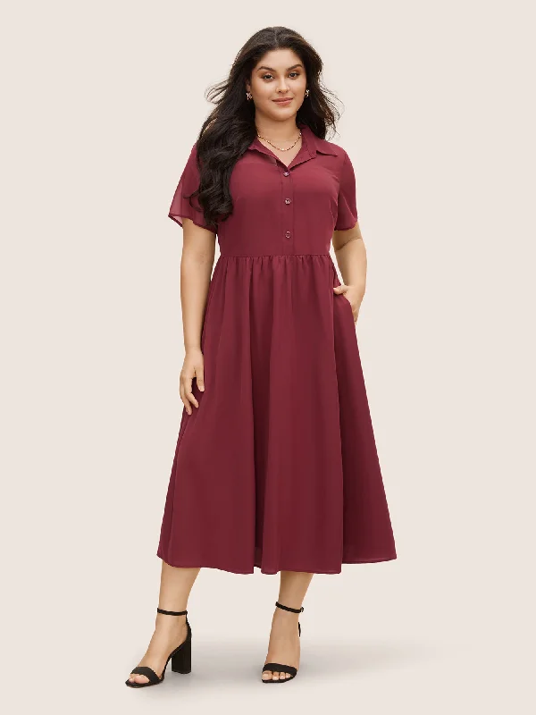 Women's Wide Collar DressesChiffon Spliced Shirt Midi Dress