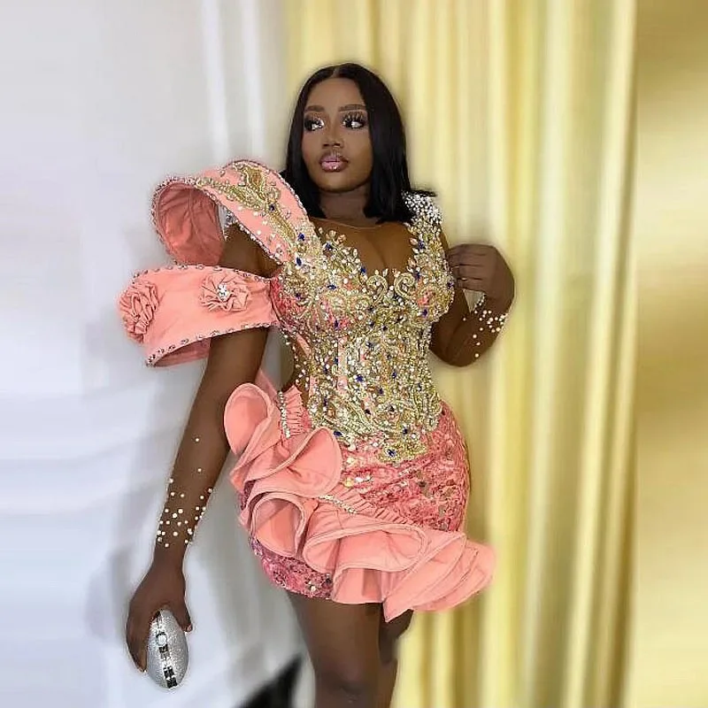 Women's Mandarin Collar DressesAso Ebi Pink Short Prom Dresses Crystals Beaded Sheer Neck Illusion Long Sleeves African Women Above Knee Birthday Party Gowns