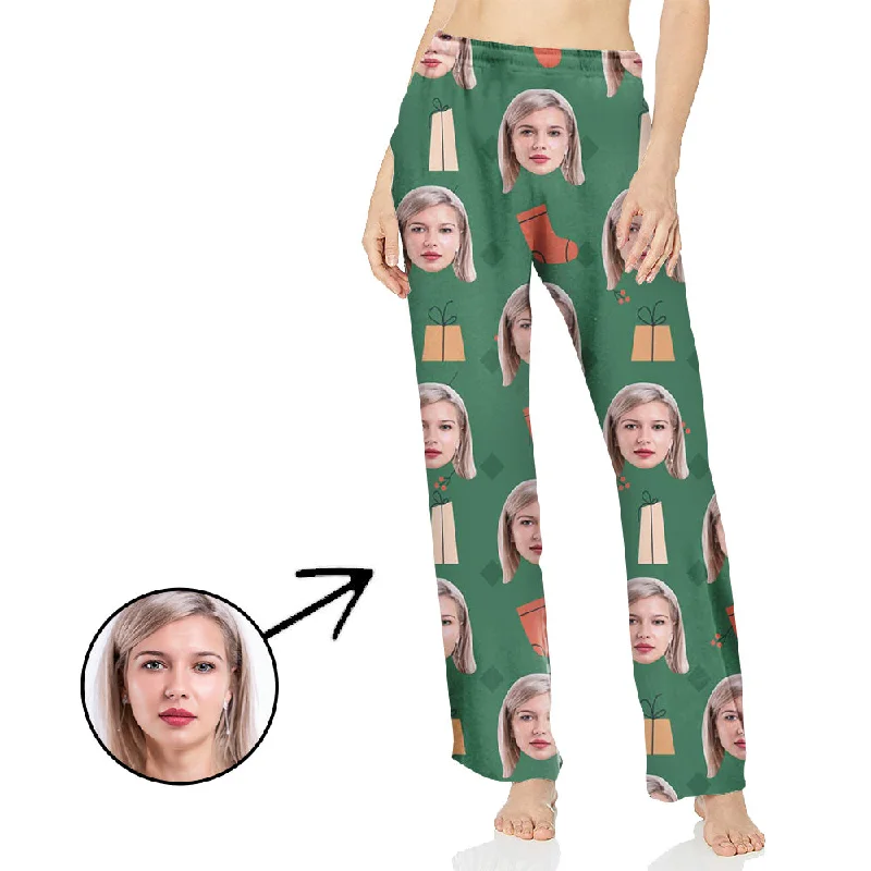 women's pajamas with a touch of whimsical funCustom Photo Pajamas Pants For Women Christmas Green With Pandants