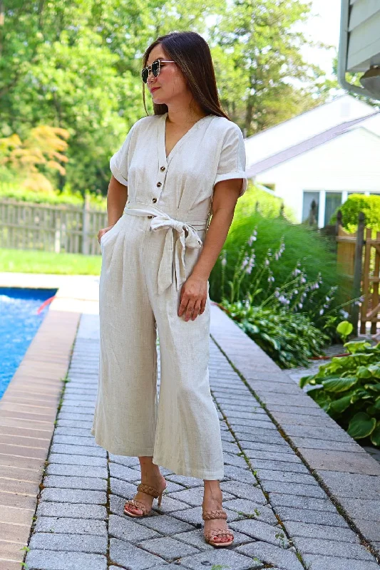 Women's Jumpsuits with Boat CollarPetite Linen Blend Button Front Jumpsuit (Natural)