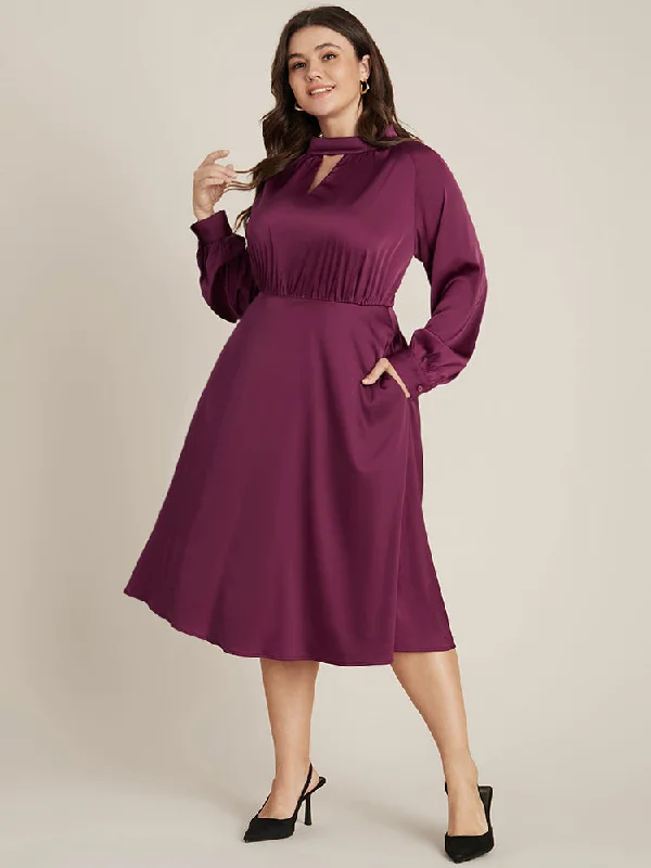 Women's Turtleneck DressesSolid Pocket Keyhole Mock Neck Satin Midi Dress