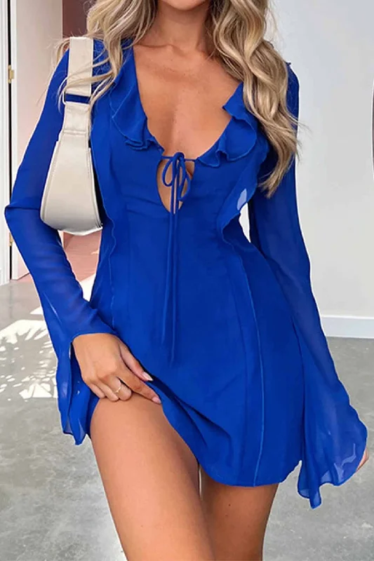 Women's Short-Sleeve DressesRuffled Long Sleeved Lace Up Mini Dress