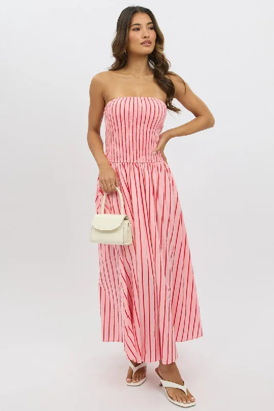 Women's Empire Waist DressesPink Stripe Strapless Maxi Dress