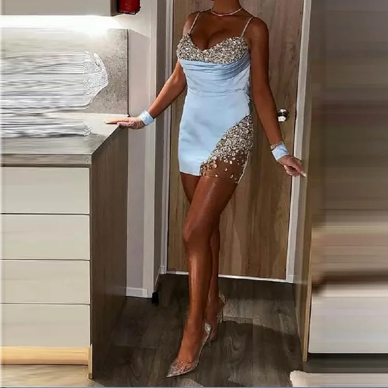 Women's Mini DressesSexy Cocktail Dresses With Spaghetti Straps Beads Sequins Yong Girls Mini Prom Dress Birthday Homecoming Gowns Without Gloves