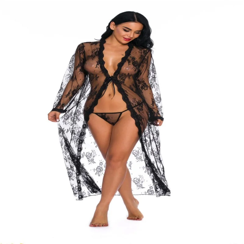 plus-size minimizer underwire braMadonna solid lace deep V long sexy nightdress with G-strings