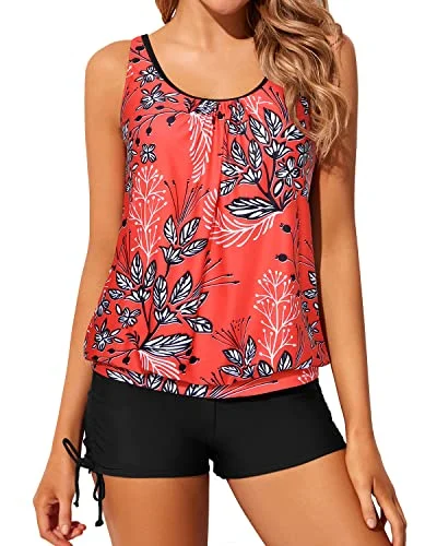 Womens Swimsuits Side Ties Blouson Tankini Swimsuits-Red Floral