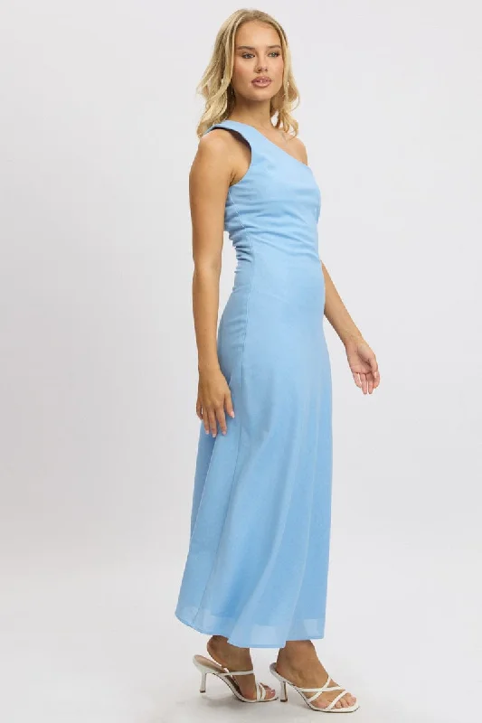 Women's Rounded Collar DressesBlue One Shoulder Maxi Dress