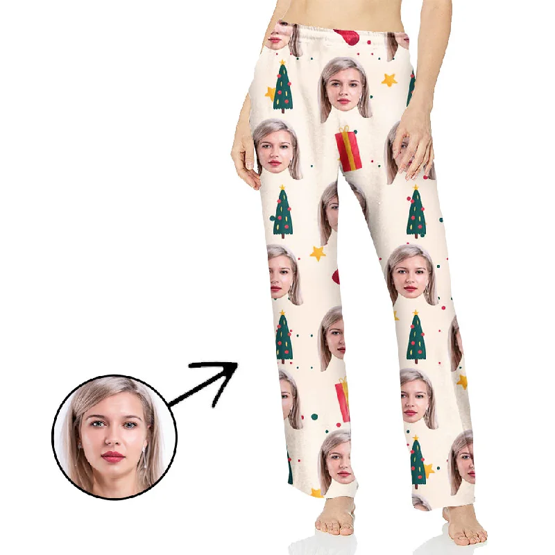 women's pajamas with snap buttonsCustom Photo Pajamas Pants For Women Christmas Tree And Gifts