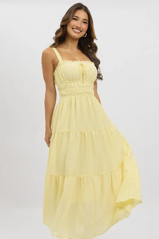 Women's High Collar DressesYellow Maxi Dress Strappy Tiered