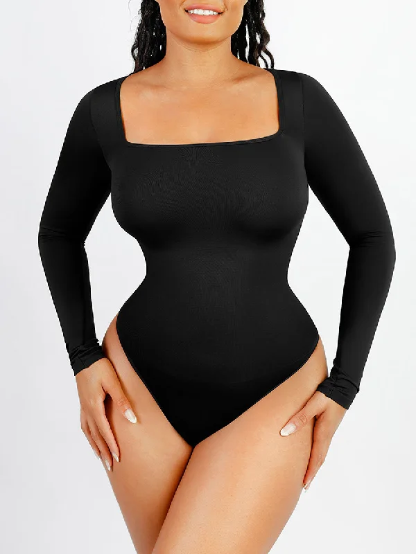 plus-size waist cincher with lace overlayLong Sleeve Square Neck Bodysuit - Black